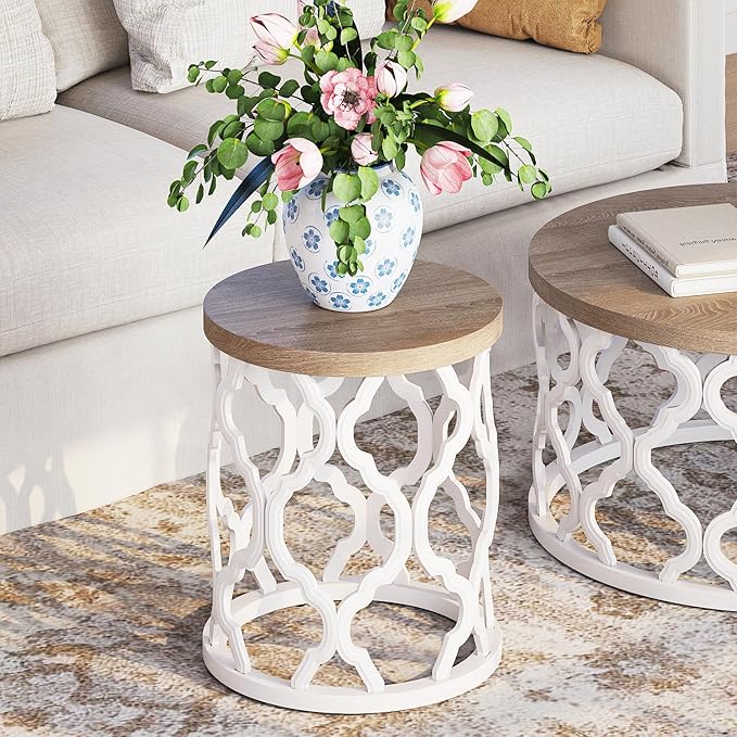 Farmhouse End Table, 18.5'' French Country Round Side Table, Wood Top Side Table with Curved Motif Frame Base for Boho, End Tables Living Room, Bedroom, Small Space, Easy Assembly