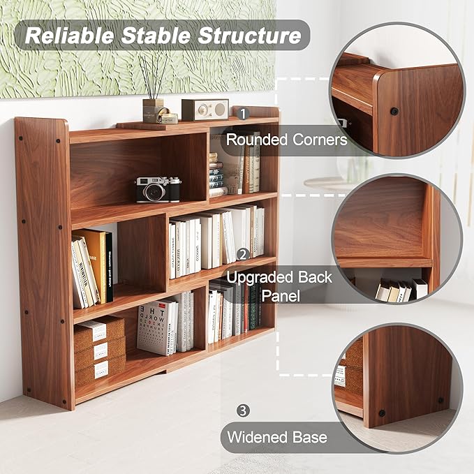 Open Shelf Low Bookcase,Wooden 4-Tier Floor Standing Expandable 25-47 inch Wide Bookcase,with Side Panels Frame for Home and Office (Walnut)