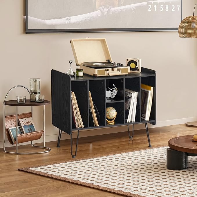 Large Record Player Stand with Vinyl Storage, Black Record Player Table with Power and USB Port, Holds Up to 200 Albums, Turntable Stand with Record Storage, Vinyl Record Player Storage Cabinet