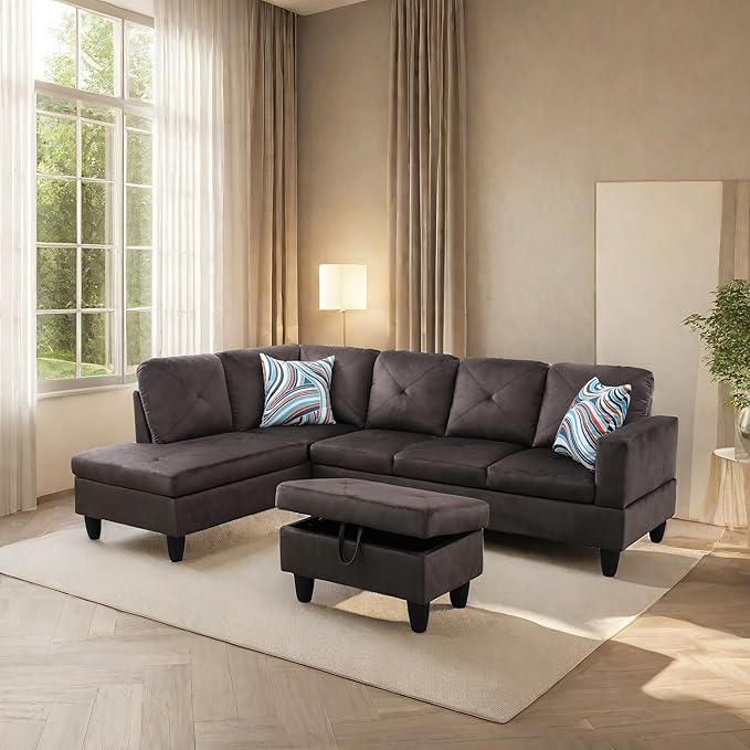 L Shaped Sectional Sofa with Ottoman, Microfiber Right Facing Modern Couches for Living Room, Bedroom, Office,Espresso