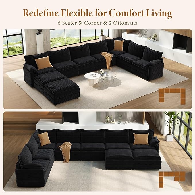 Vesgantti Large Modular Sectional Sofa, Big Comfy Cloud Couch with Ottoman Deep Seat Corduroy Cloud Sofa, 9 Seater Large Sectional Couches for Living Room, Bedroom and Apartment, Black