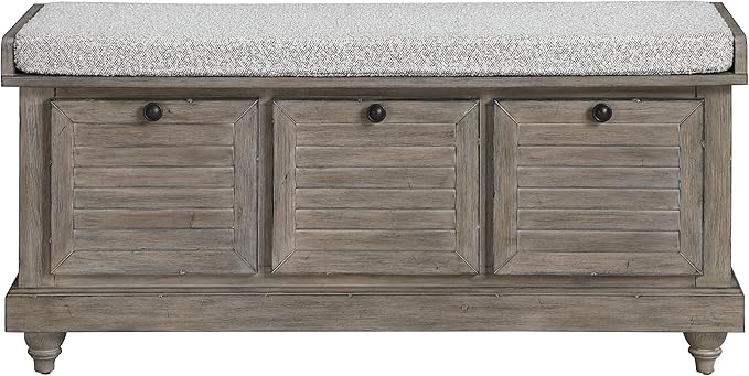 OSP Home Furnishings Dover Coastal Lift-Top Storage Bench with Shutter Face Styling, Goldstone Finish with Salt and Pepper Cushion