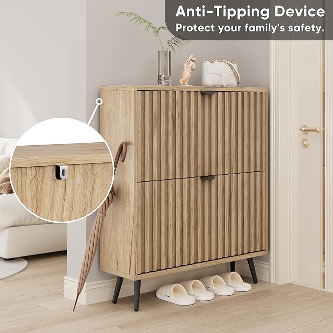 Smuxee Shoe Cabinet with 2 Flip Drawers, 31.5" Natural Hidden Shoe Storage Cabinet with Fluted Design, Freestanding Shoe Organizer Cabinet for Entryway, Hallway, Closet, Living Room