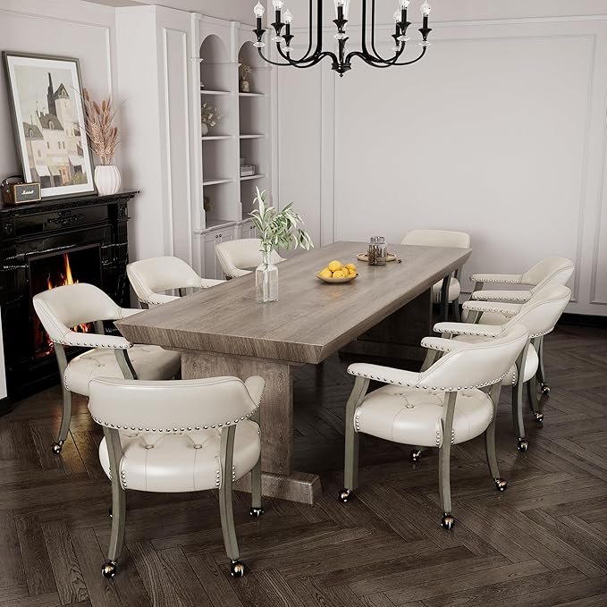 LEEMTORIG Large Dining Chairs with Casters and Arms, Rolling Dining Chairs with Wheels, Accent Game Poker Table Chairs, Solid Wood Office Chairs, 26“Dx25.2 Wx31.5“H, Grey Legs & Ivory PU SY-1318-WT