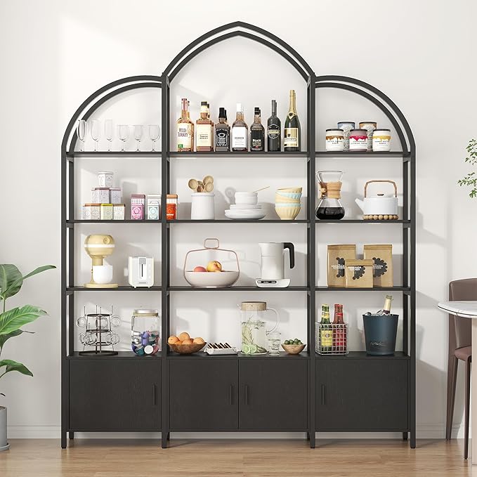 Triple Wide 5 Tier Tall Arched Bookshelf and Bookcase with 3 Cabinets, Industrial Metal Etagere Open Bookshelf, Wood Standing Book Shelf with Black Metal Frame for Bedroom Living Room