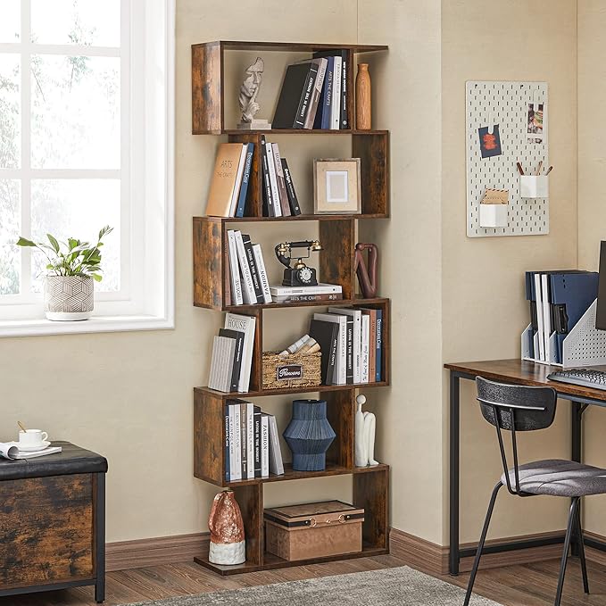 VASAGLE 6-Tier Bookshelf, Tall Display Shelf, Freestanding Storage Shelf, Rustic Brown ULBC61BX Tree-Shaped Bookcase with 13 Storage Shelves, 9.8”D x 33.9”W x 55.1”H, Rustic Brown ULBC67BXV1