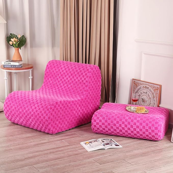 Accent Bean Bag Chair with Footstool, Modern Lazy Sofa Chair with Comfy Jacquard Shaggy Plush, Pink