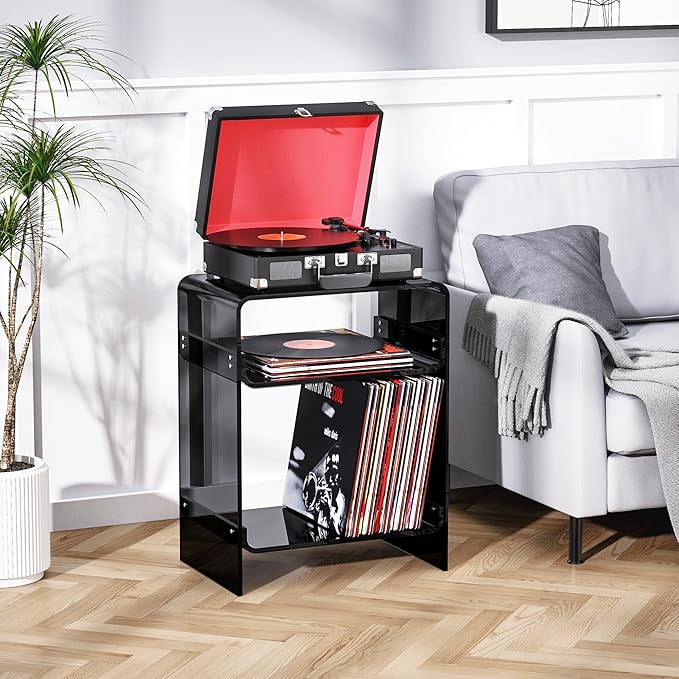 Acrylic Record Player Table with Storage Shelf, Clear Side Table Nightstand (Black)