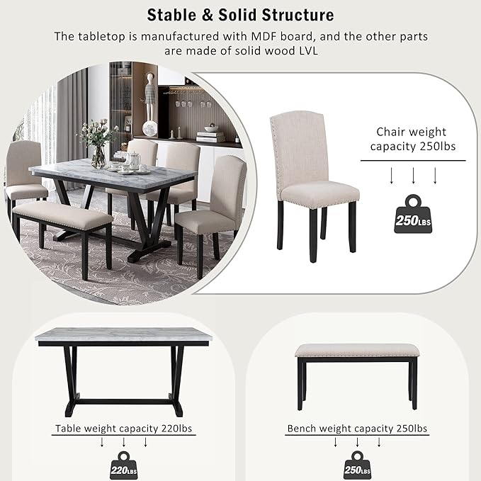 Ball & Cast 6 Piece Dining Table Set with 4 Chairs & 1 Bench,Living Room Furniture W/ 60" Rectangle Marbled Veneers Tabletop Kitchen Desk,for Restaurant,Home Bistro,White