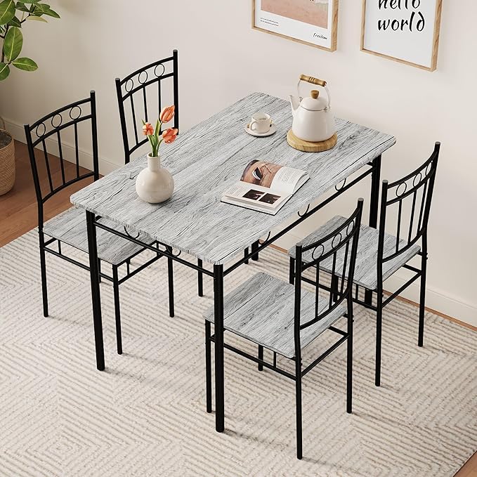 Vipbear Kitchen Dining Table Set for 4, 5-Piece Kitchen Table Set,Dining Room Table Sets,Rectangular Kitchen Table Set with 4 Chairs for Small Space, Dinette,Apartment,Rustic Grey
