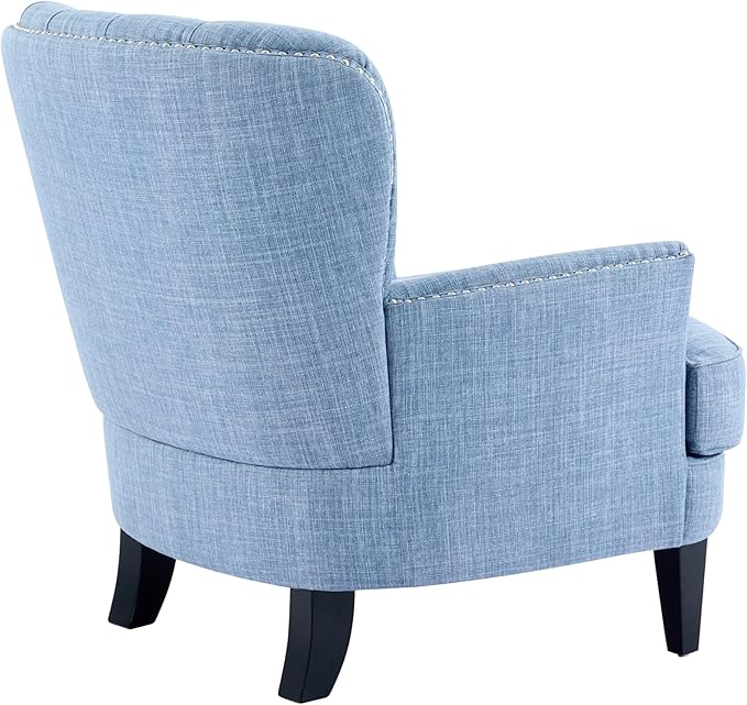 Ball & Cast Accent Chair,Mid-Century Lounge Living Room Chairs with Button Tufting,Upholstered Reading Accent Chair W/Solid Wood Legs and Curved Backrest,for Bedroom,Apartment,Light Blue