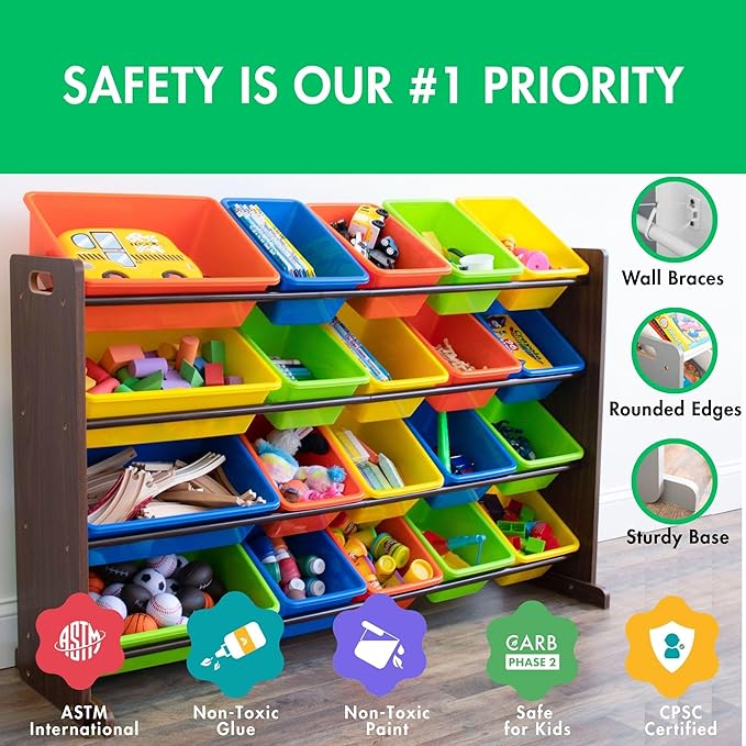 Humble Crew Extra-Large Toy Organizer with 20 Plastic Bins – Dark Walnut/Neon Storage Rack with 4-Tier Shelves, Anti-Tip Safety, for Kids’ Rooms, Playrooms, Nurseries & Classrooms