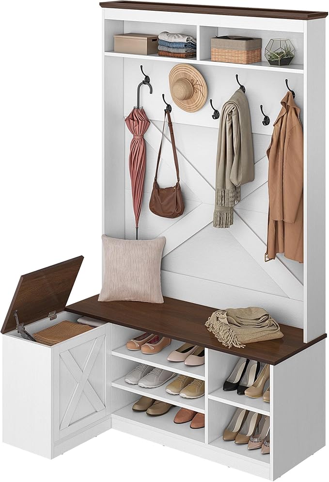 YITAHOME L-Shaped Hall Tree with Bench & Storage, Corner Entryway Organizer with 5 Shoe Shelves, Hidden Seat Compartment, Hooks & Open Top Storage for Living Room & Hallway, Walnut & Off-White