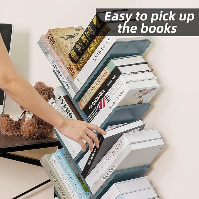 8 Tier Tree Bookshelf with Drawer, Free Standing Wood Bookcase for Narrow Space, Storage Organizer Bookshelves for Books, Book Case for Home Office, Living Room, Bedroom, Navy Blue