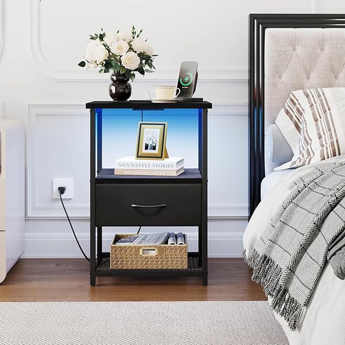 Fixwal Night Stand with Charging Station, LED Nightstand Side Table with Fabric Drawers PU Finish, End Tables Bedroom, Bedside Table, Black