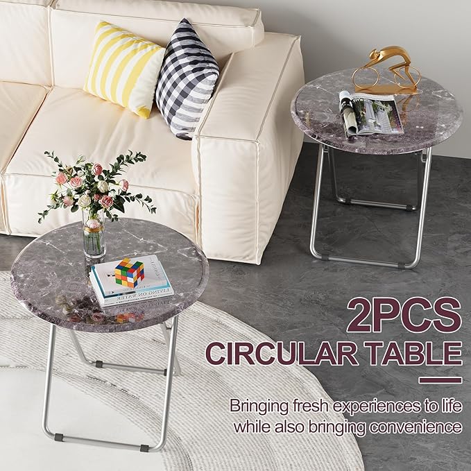 TV Tray Table, Portable TV Dinner Table for Eating, Small Foldable Round Table, TV Side Trays Table Set of 2, Snack Table for Couch, Living Room, Outdoor, Small Space (Black Marble, 2Pcs)