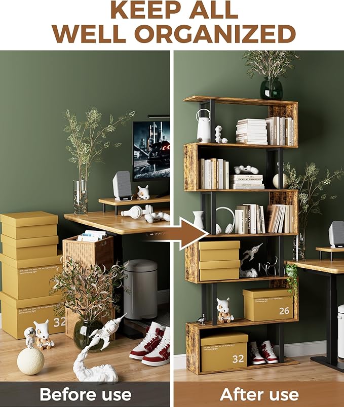 Gadroad 6 Tier Geometric Bookcase,S Shaped Bookshelf, Wood Decorative Storage Shelving, Modern Freestanding Display Shelves, Tall Book Shelf Unit for Living Room Bedroom, Rustic Brown
