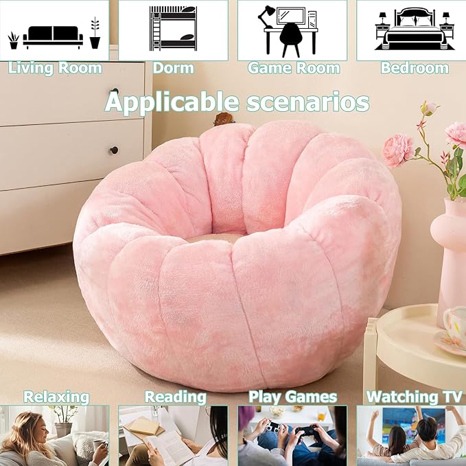 Pumpkin Bean Bag Sofa Chair, Bean Bag Chair with Filler for Teens, Kids, Toddler, Comfy and Lazy Sofa for Dorm, Apartment, Living Room and Bedroom, Pink