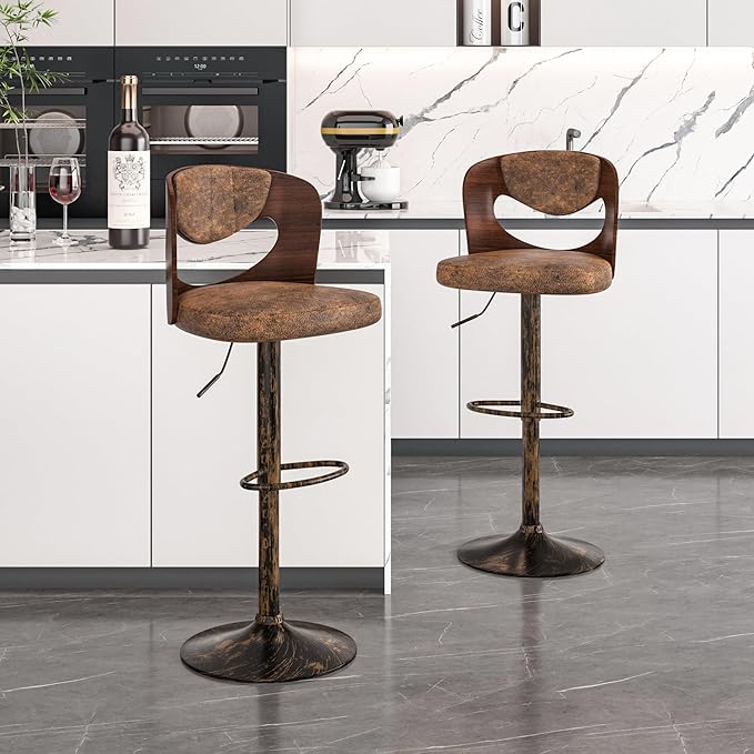 VECELO Bar Stools Set of 2,Kitchen Island Stools with Bentwood Back,Arm&Footrest,Counter Height Stools PU Leather Adjustable Height,Swivel Bar Chairs for Club Pub Dining Room,Dark Brown