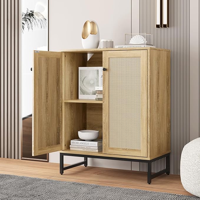 Sideboard Buffet Cabinet, Storage Cabinet with Double Rattan Doors, Modern Rattan Sideboard Cabinet, Kitchen Storage Cabinet with Metal Feet, for Entryway, Bedroom, Living Room (Natural Wood)