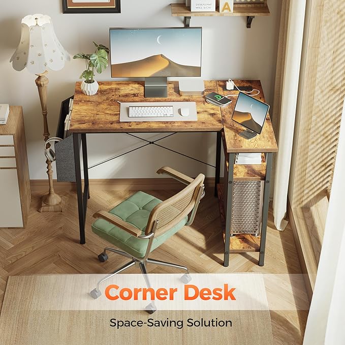 Small L Shaped Computer Desk with Power Outlets, Gaming Desk for Small Spaces, Corner Desk with Reversible Storage Shelves, Study Writing Table for Home Office (Socket, Rustic Brown, 40 inch)