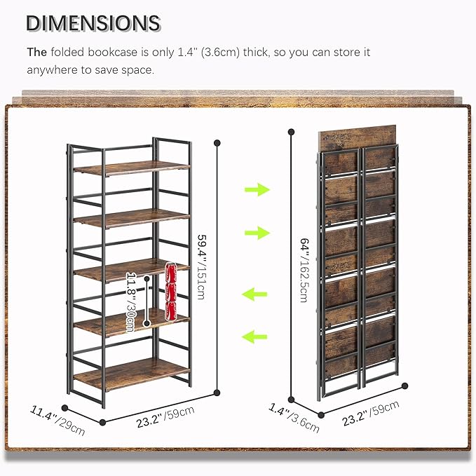 4NM No Assembly 5 Tiers Book Shelves, Black Folding Bookshelf Bookcase Open Industrial Foldable Shelves for Bedroom, Living Room, Home Office - Rustic Brown Black
