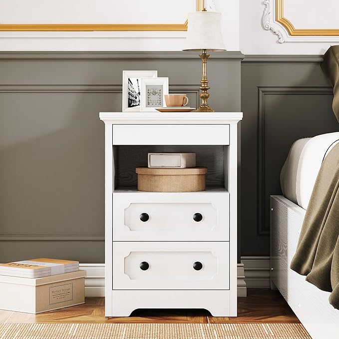 LIKIMIO Night Stand, Modern Bedside Table with 2 Drawers, Open Shelf, End Table with Pull-Out Tray, Wood SideTable, White