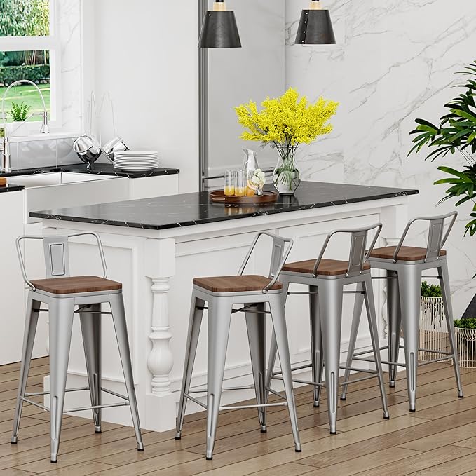 Yongchuang 26" Metal Barstools Set of 4 Low Back Bar Stool Counter Height Bar Stools with Wooden Top Silver
