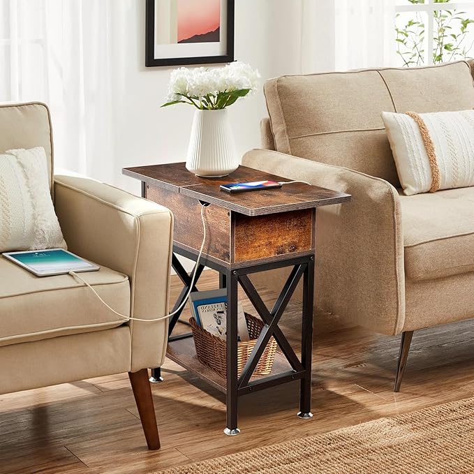 TooCust End Tables Living Room Set of 2, Side Table with Charging Station Flip Top, 11"D x 24"W x 23"H, Narrow Side Table with 5.3" Deep Drawer, Couch End Tables Set of 2, Steel X-Frame, Rustic Brown