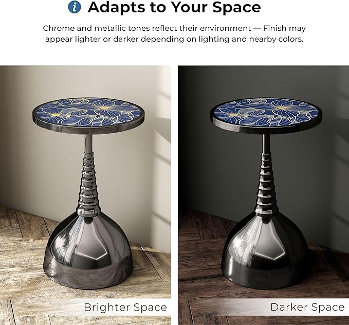 HOMES: Inside + Out Halric Modern 24" Tall Round End Table with Decorated Tabletop and Iron Metal Base, Accent Furniture, Elegant Pedestal Stand for Living Room, Home Office, Black with Floral Print