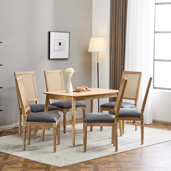 Merax Upholstered Solid Wood Dining Chairs Set of 6, French Country Style Accent Side Seating Furniture for Kitchen, Living Room, Wicker Back, Blue Gray