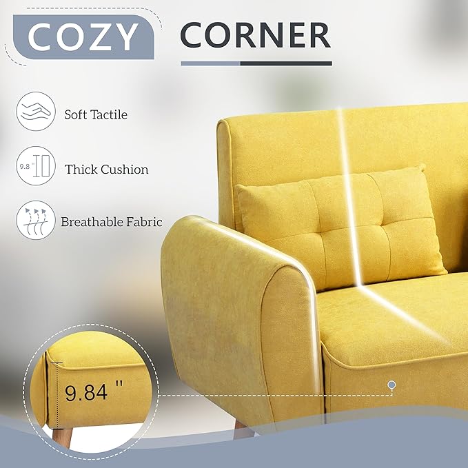 Shintenchi 47" Small Modern Loveseat Couch Sofa, Fabric Upholstered 2-Seat Sofa, Love Seat Furniture with 2 Pillows, Wood Leg for Small Space, Living Room, Bedroom, Apartment, Yellow