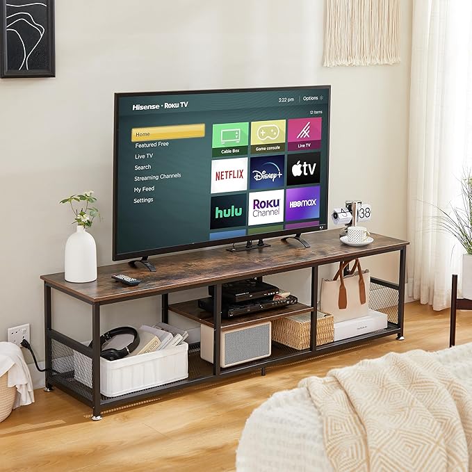VECELO TV Stand with Power Outlets for Televisions up to 75Inch, 62" Media Entertainment Center with Charging Station 3-Tier Open Storage Shelves with Metal Frame for Living Room/Bedroom，Brown
