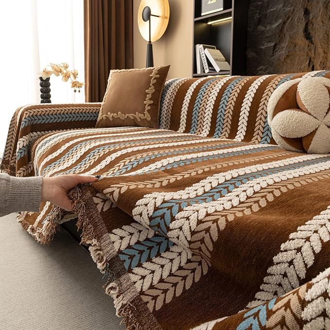 STACYPIK Khaki Jacquard Leaves Sofa Cover, Vintage Couch Cover for Dogs, Washable Pet Protector for 2 Cushion Couch, Non-slip Chenille Sofa Covers for Loveseat, Boho Couch Cover for Sectional-71X118IN