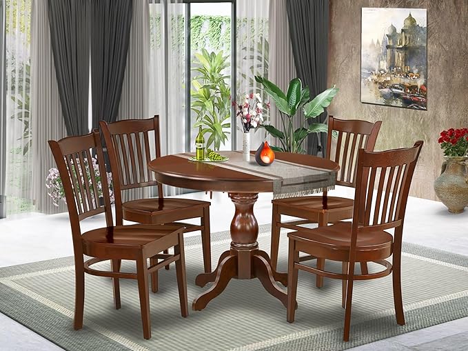 East West Furniture HBGR5-MAH-W 5 Piece Dining Table Set for 4 Includes a Round Kitchen Table with Pedestal and 4 Dinette Chairs, 42x42 Inch, Mahogany