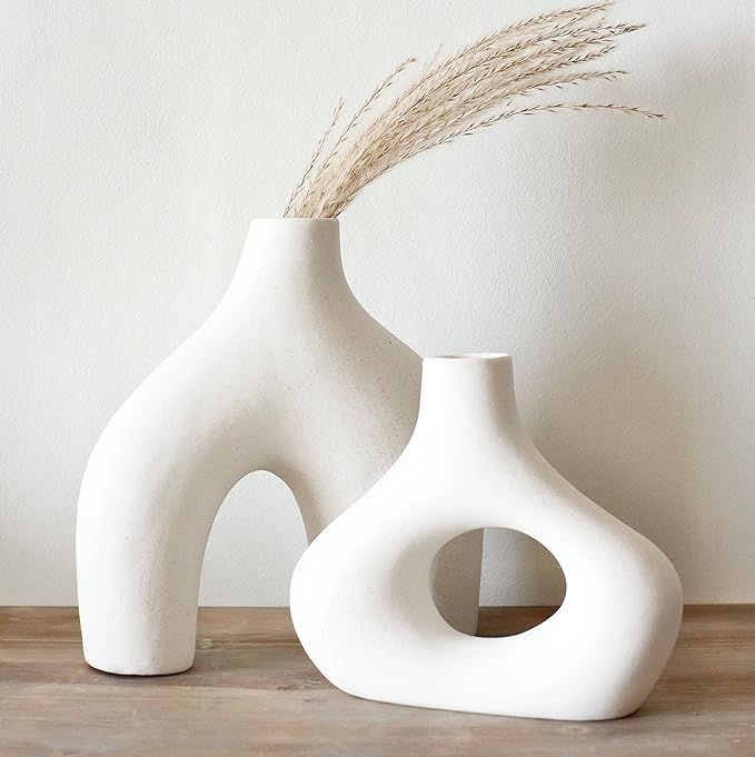 Carrot's Den Donut Vase, Set of 2 - White Large Ceramic Vase - Minimalist Nordic, Hollow | Table Centerpiece, Olive Plant, Wedding, Living Room, Bookshelf, Office, Modern Home, Entryway, Console
