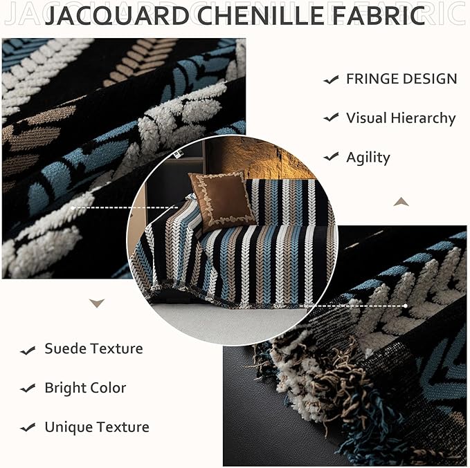 STACYPIK Boho Chenille Sofa Cover, Soft Jacquard Leaves Couch Cover, Non-Slip Loveseat Cover for Sectional Sofa, Washable Pet Protector for 3 Cushion Couch,Multi-use Vintage Throw Slipcover-71x134IN