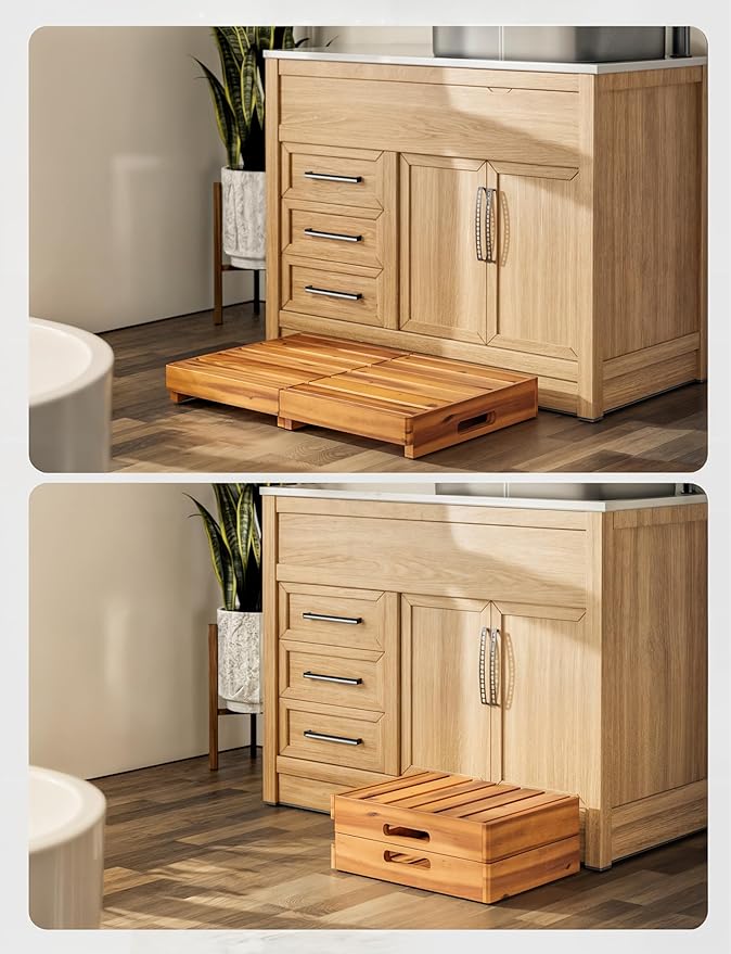 Holana 25in One Foldable Step Stool for Elderly - Acacia Wood High Riser Step Stool for Adults Kid - Wooden Mobility Stepping Stools 400 Lbs Load Capacity for Bathroom Aid Handicap, Bed,Kitchen,Garden