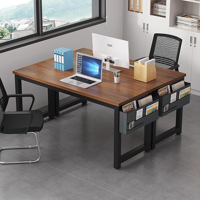 Large Computer Desk - 63 Inch Home Office Desks Study Student Writing Table Gaming Desk Wood Modern Simple Table with Storage Bag & Headphone Hooks, Brown