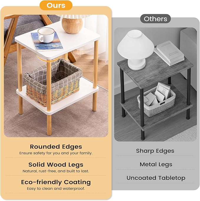 Apicizon 2 Tier End Table Set of 2, Small Side Table with Solid Wood Legs, Boho Bedside Table with Storage Shelf, Nightstand for Small Spaces, Bedroom, Living Room, Entryway, White+Natural