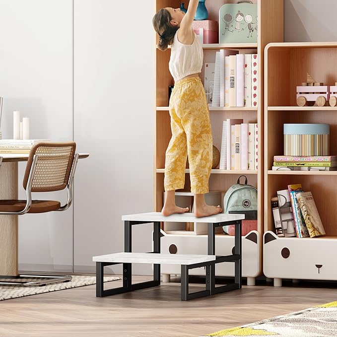 Homeiju 3 in 1 Step Stools for Adults Kids Toddler, Heavy Duty Wooden Step Stool with Non-Slip Pads, 2 Tire Step Stool for Kitchen Bathroom Bedroon Stepping Stool, Light Grey