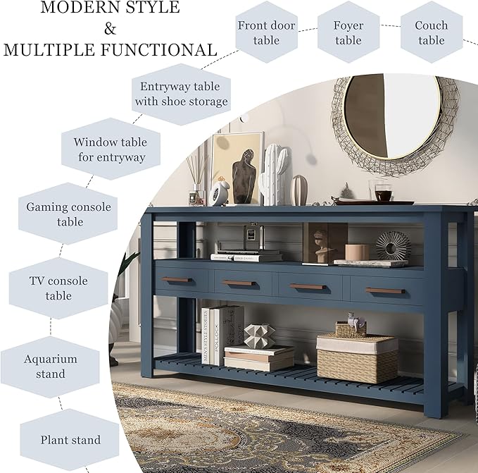 Ball & Cast 62.2“ Contemporary 4 Drawers Console Table, Long Entryway-Table with Drawer & 3 Tier Shelves, FarmhouseWood Storage Sofa Couch-Tables for Entrance Hallway Living, Blue