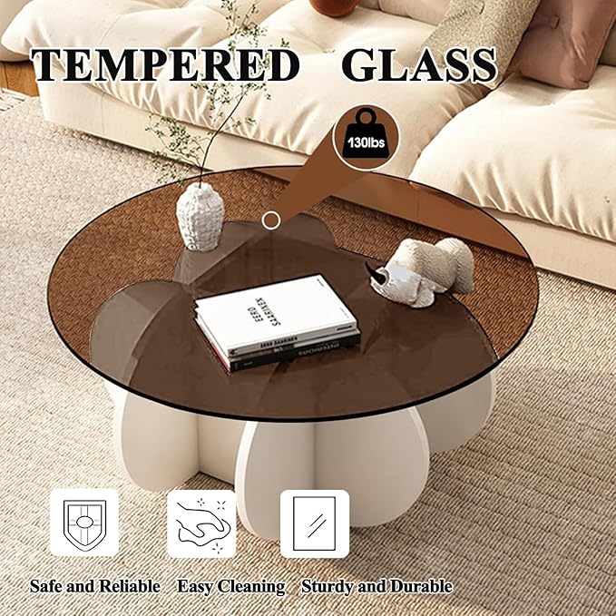 Mid Century Modern Round Glass Coffee Table for Living Room, Small Coffee Tables for Center Suitable for Bedroom Living Room Reception Office Tables (White/Brown)
