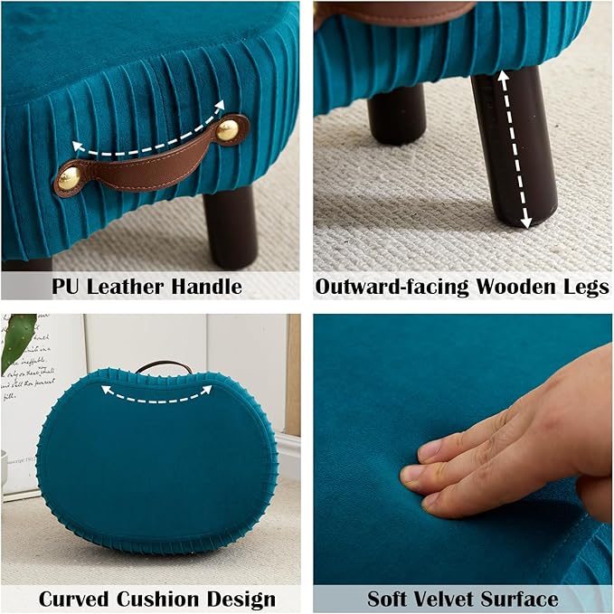Small Footstool with Handle, Velvet Ottoman Foot Rest with Padded Seat, Curved Foot Stool with Wooden Legs, Portable Foot Rest for Living Room, Bedroom, Entryway, Peacock Blue