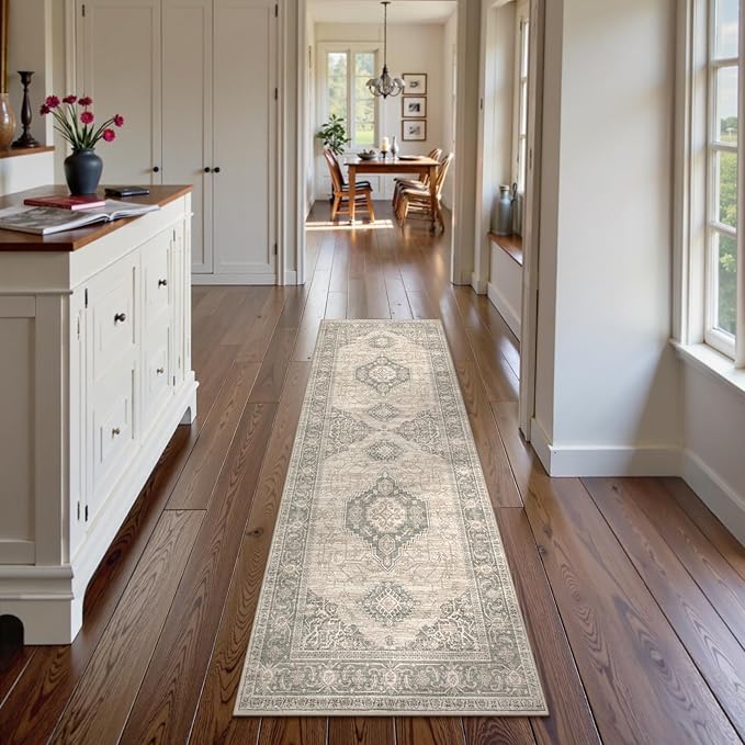 Lahome Oriental Washable Runner Rug Non Slip, 2x7 Rug Runners for Hallways Kitchen, Ultra-Thin Hallway Rugs for Laundry Room Bathroom Bedroom, Grey/Brown