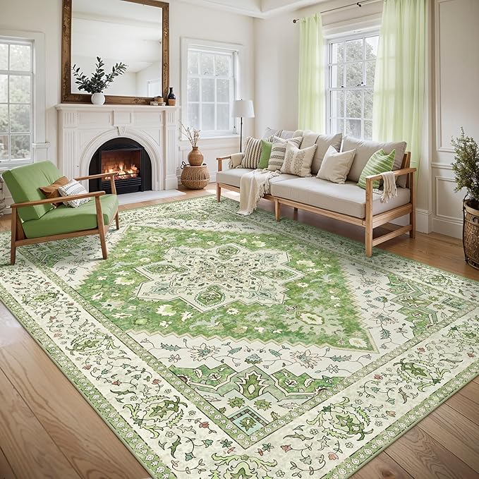 Tangsoo 5x7 Area Rug Washable Rug for Living Room, Vintage Indoor Non Slip Large Area Rugs, Print Distressed Green Carpet, Soft Low Pile Foldable Floor for Bedroom Dining Room Dorm