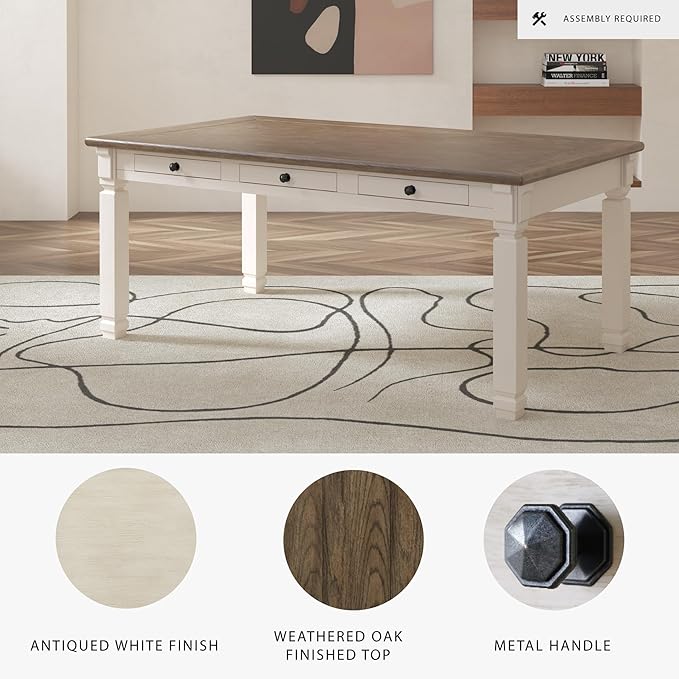 Signature Design by Ashley Bolanburg Farmhouse Dining Table with Drawers, Seats up to 6, Whitewash