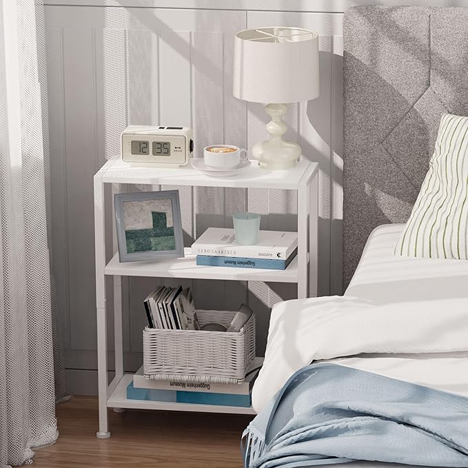 3-Tier Side Table Set of 2, Small End Table, Sofa Side Table for Narrow Spaces, Slim End Table, Nightstand Table, for Living Room Bedroom Office, White