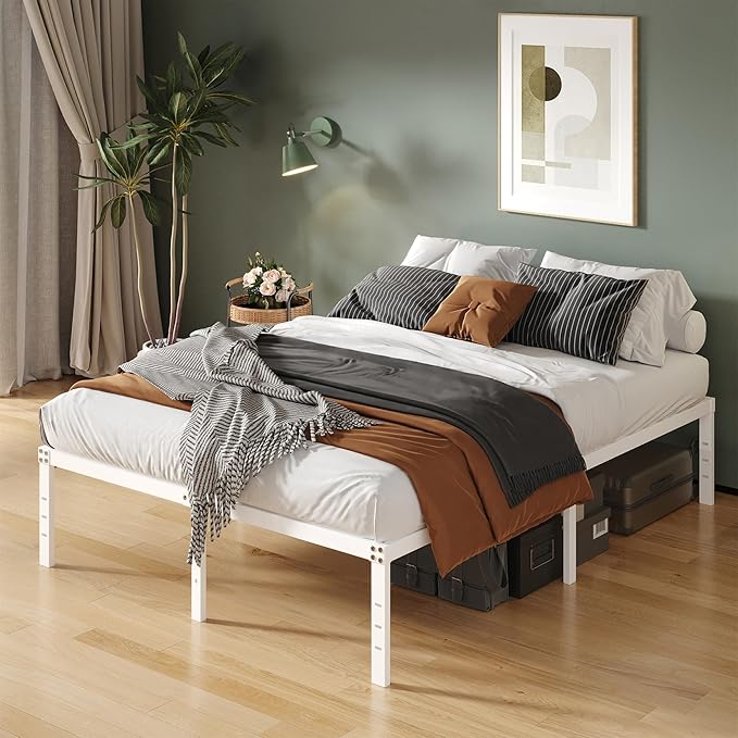 16 Inch White King Bed Frame Heavy Duty Metal Platform King Size Bed Frames with High Storage, Eassy Assembly 3,500 lbs Heavy Duty Bedframes