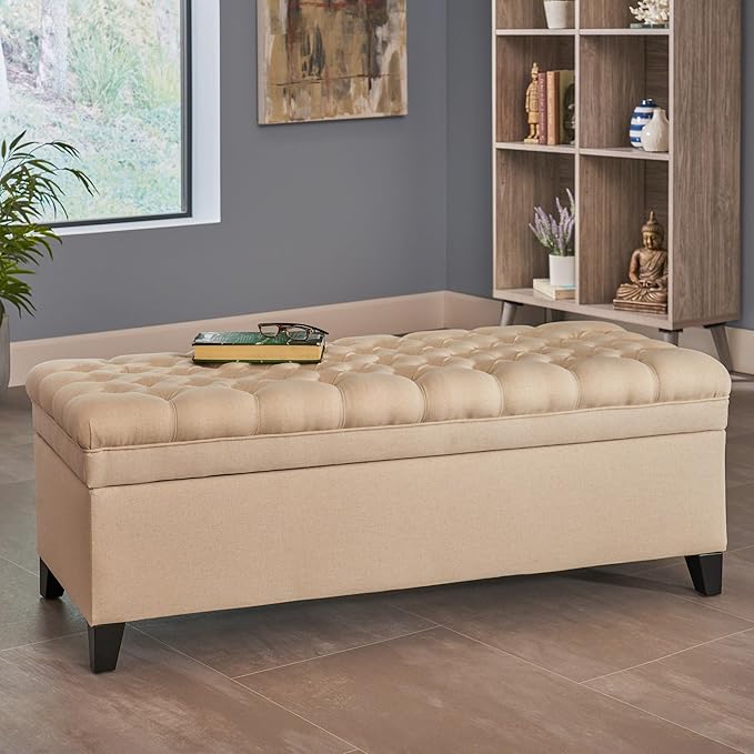 Ball & Cast 50" Upholstered Storage Ottoman with Button-Tufted Diamond Stitching,End Bench w/Uses Pressure Hinges and Legs,Versatile Entryway Footrest Stool for Living Room & Bedroom,Beige